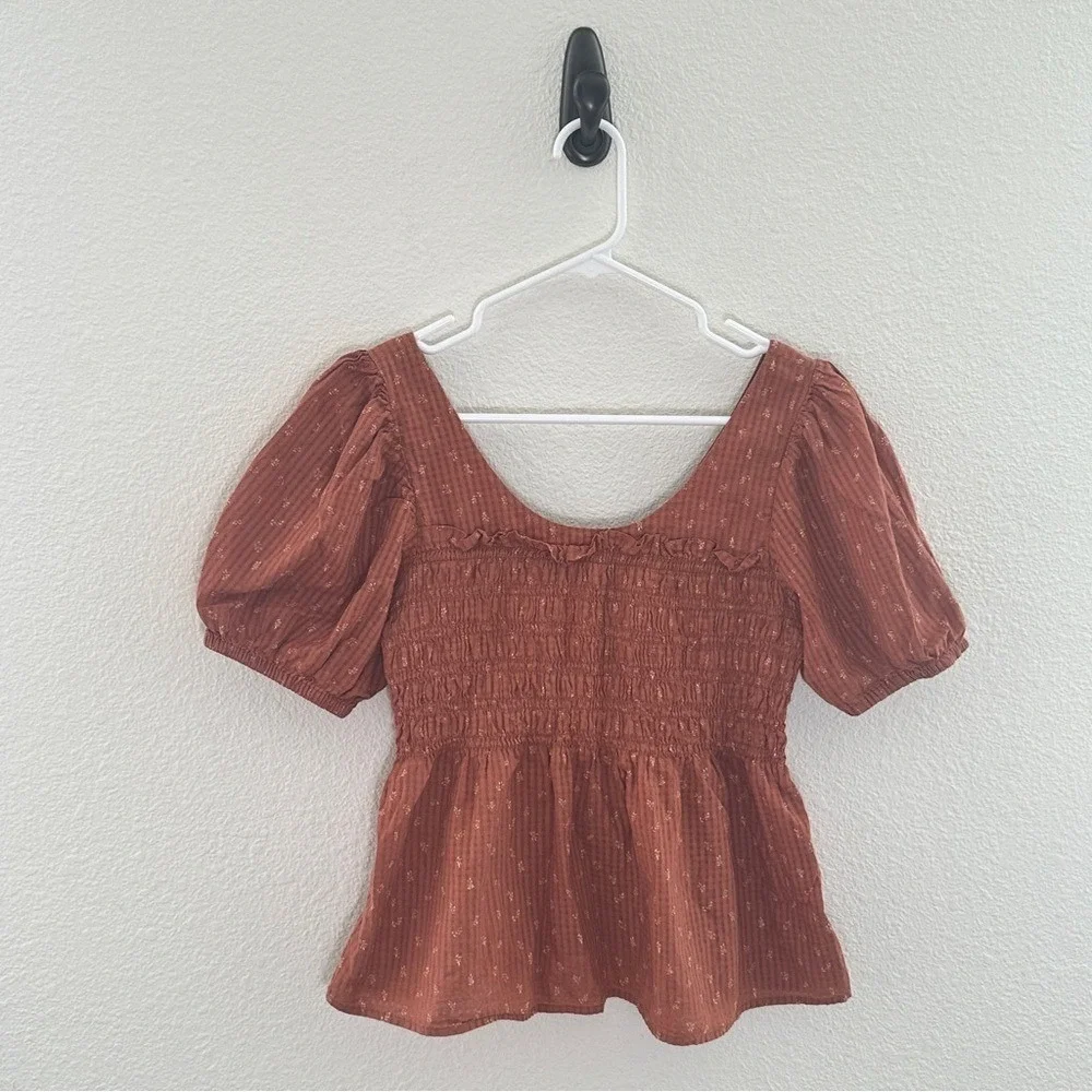 Madewell Smocked Peplum Top Womens 4 Rust Floral Puff Sleeve Square Neck